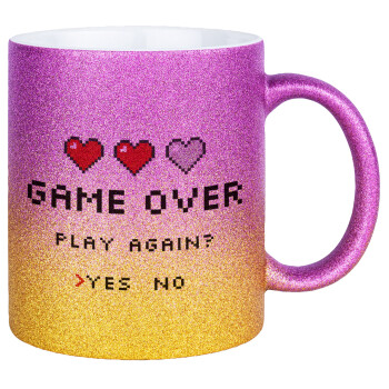 GAME OVER, Play again? YES - NO, Κούπα Χρυσή/Ροζ Glitter, κεραμική, 330ml
