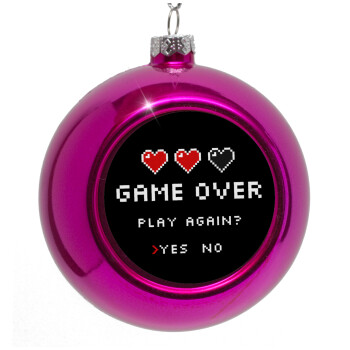 GAME OVER, Play again? YES - NO, Purple Christmas tree ornament bauble 8cm