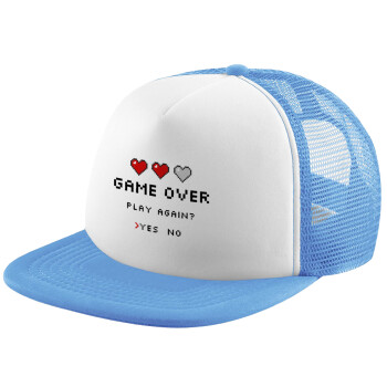 GAME OVER, Play again? YES - NO, Καπέλο παιδικό Soft Trucker με Δίχτυ ΓΑΛΑΖΙΟ/ΛΕΥΚΟ (POLYESTER, ΠΑΙΔΙΚΟ, ONE SIZE)