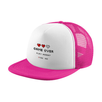 GAME OVER, Play again? YES - NO, Καπέλο παιδικό Soft Trucker με Δίχτυ ΡΟΖ/ΛΕΥΚΟ (POLYESTER, ΠΑΙΔΙΚΟ, ONE SIZE)