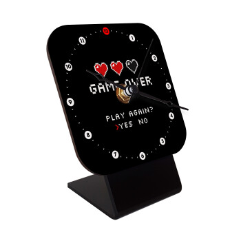 GAME OVER, Play again? YES - NO, Quartz Wooden table clock with hands (10cm)