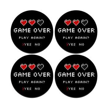 GAME OVER, Play again? YES - NO, SET of 4 round wooden coasters (9cm)