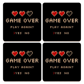 GAME OVER, Play again? YES - NO, ΣΕΤ x4 Σουβέρ ξύλινα τετράγωνα plywood (9cm)