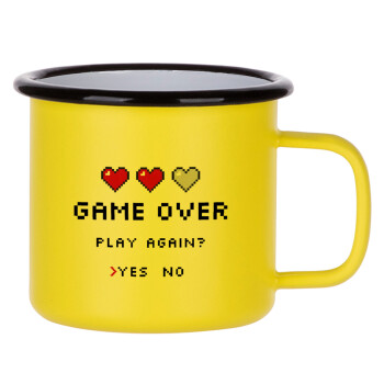 GAME OVER, Play again? YES - NO, Metallic enamel MATT Yellow cup 360ml