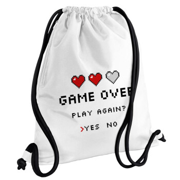 GAME OVER, Play again? YES - NO, Backpack pouch GYMBAG white, with pocket (40x48cm) & thick cords