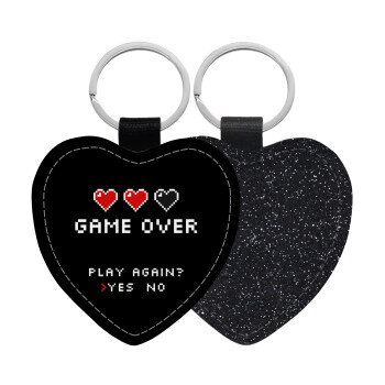 GAME OVER, Play again? YES - NO, Μπρελόκ PU δερμάτινο glitter καρδιά ΜΑΥΡΟ