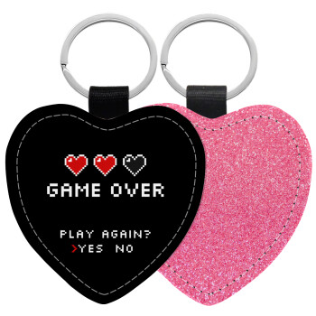 GAME OVER, Play again? YES - NO, Μπρελόκ PU δερμάτινο glitter καρδιά ΡΟΖ