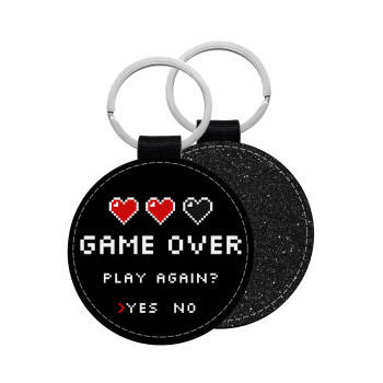 GAME OVER, Play again? YES - NO, Μπρελόκ Δερματίνη, στρογγυλό ΜΑΥΡΟ (5cm)