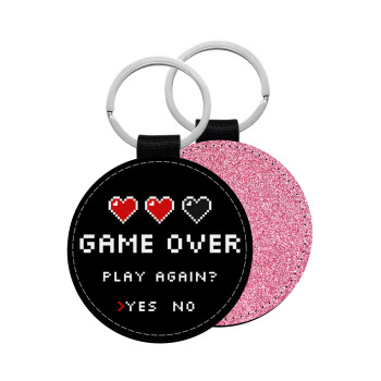 GAME OVER, Play again? YES - NO, Μπρελόκ Δερματίνη, στρογγυλό ΡΟΖ (5cm)