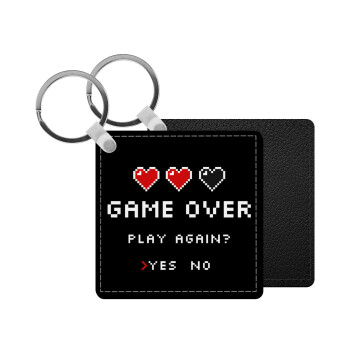 GAME OVER, Play again? YES - NO, Μπρελόκ Δερματίνη, τετράγωνο ΜΑΥΡΟ (5x5cm)