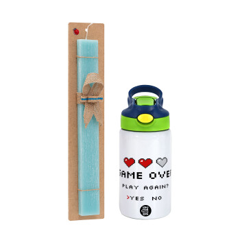 GAME OVER, Play again? YES - NO, Easter Set, Children's thermal stainless steel bottle with safety straw, green/blue (350ml) & aromatic flat Easter candle (30cm) (TURQUOISE)