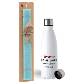 GAME OVER, Play again? YES - NO, Easter Set, metallic stainless steel water bottle (750ml) & aromatic flat Easter candle (30cm) (TURQUOISE)
