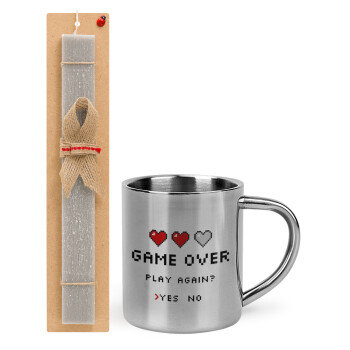 GAME OVER, Play again? YES - NO, Easter Set, metallic thermal cup (300ml) & Easter aromatic flat candle (30cm) (GRAY)