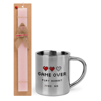 GAME OVER, Play again? YES - NO, Easter Set, metallic thermal cup (300ml) & aromatic flat Easter candle (30cm) (PINK)