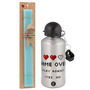 GAME OVER, Play again? YES - NO, Easter Set, metallic silver aluminum water bottle (500ml) & scented flat Easter candle (30cm) (TURQUOISE)