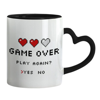 GAME OVER, Play again? YES - NO, Κούπα καρδιά χερούλι μαύρη, κεραμική, 330ml
