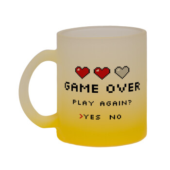 GAME OVER, Play again? YES - NO, Κούπα γυάλινη δίχρωμη με βάση το κίτρινο ματ, 330ml