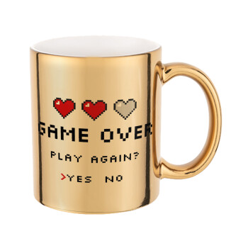 GAME OVER, Play again? YES - NO, Mug ceramic, gold mirror, 330ml