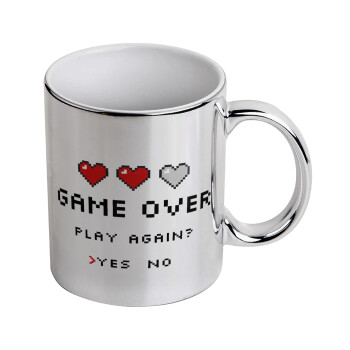GAME OVER, Play again? YES - NO, Κούπα κεραμική, ασημένια καθρέπτης, 330ml