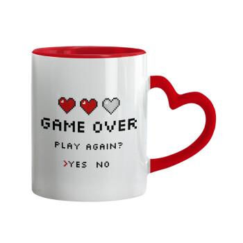 GAME OVER, Play again? YES - NO, Mug heart red handle, ceramic, 330ml