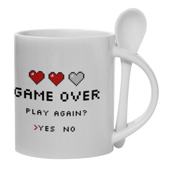 GAME OVER, Play again? YES - NO, Κούπα, κεραμική με κουταλάκι, 330ml (1 τεμάχιο)