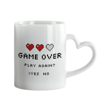 GAME OVER, Play again? YES - NO, Κούπα καρδιά χερούλι λευκή, κεραμική, 330ml