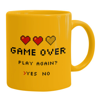 GAME OVER, Play again? YES - NO, Ceramic coffee mug yellow, 330ml (1pcs)