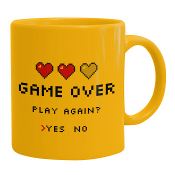 GAME OVER, Play again? YES - NO, Ceramic coffee mug yellow, 330ml
