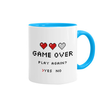 GAME OVER, Play again? YES - NO, Mug colored light blue, ceramic, 330ml