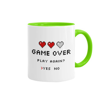 GAME OVER, Play again? YES - NO, Mug colored light green, ceramic, 330ml