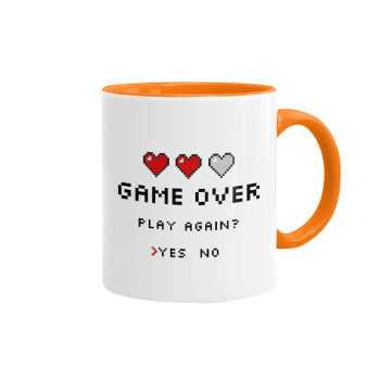 GAME OVER, Play again? YES - NO, Mug colored orange, ceramic, 330ml