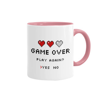 GAME OVER, Play again? YES - NO, Mug colored pink, ceramic, 330ml