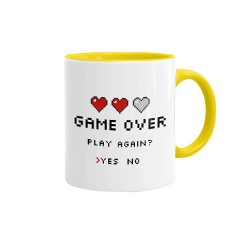 GAME OVER, Play again? YES - NO, Mug colored yellow, ceramic, 330ml