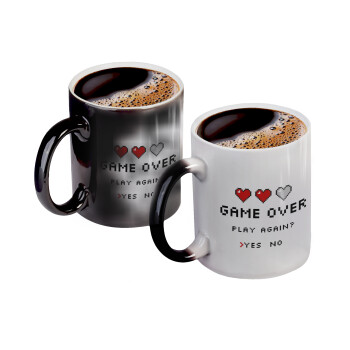 GAME OVER, Play again? YES - NO, Color changing magic Mug, ceramic, 330ml when adding hot liquid inside, the black colour desappears (1 pcs)