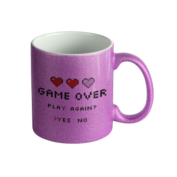 GAME OVER, Play again? YES - NO, Κούπα Μωβ Glitter που γυαλίζει, κεραμική, 330ml