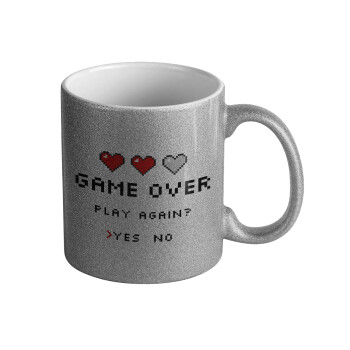 GAME OVER, Play again? YES - NO, Κούπα Ασημένια Glitter που γυαλίζει, κεραμική, 330ml