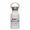 Metallic thermos (Stainless steel) White with wooden lid (bamboo), double-walled, 350ml