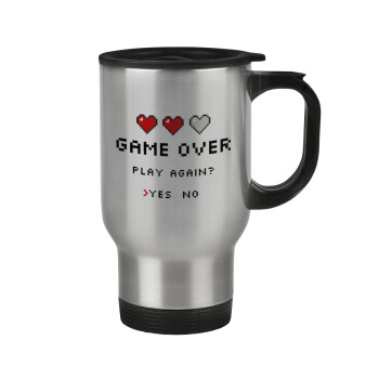 GAME OVER, Play again? YES - NO, Stainless steel travel mug with lid, double wall 450ml