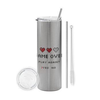 GAME OVER, Play again? YES - NO, Eco friendly stainless steel Silver tumbler 600ml, with metal straw & cleaning brush