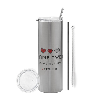 GAME OVER, Play again? YES - NO, Tumbler stainless steel Silver 600ml, with metal straw & cleaning brush