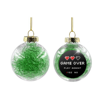 GAME OVER, Play again? YES - NO, Χριστουγεννιάτικη μπάλα δένδρου διάφανη με πράσινο γέμισμα 8cm