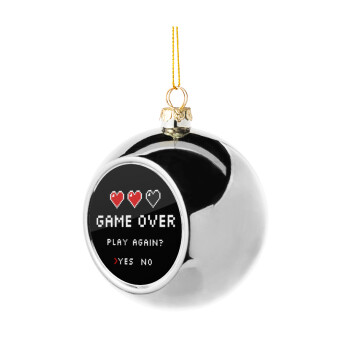GAME OVER, Play again? YES - NO, Silver 8cm Christmas tree ball ornament