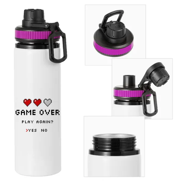 GAME OVER — Metallic water bottle with safety lid, 850ml aluminum