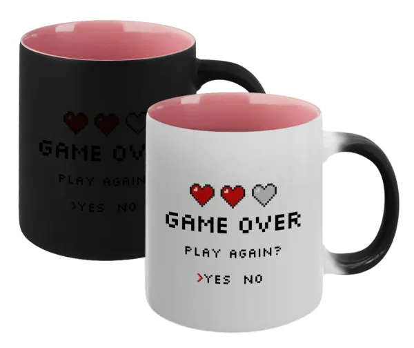 GAME OVER — Magic mug with pink interior, ceramic, 330ml, changes colour with hot drinks