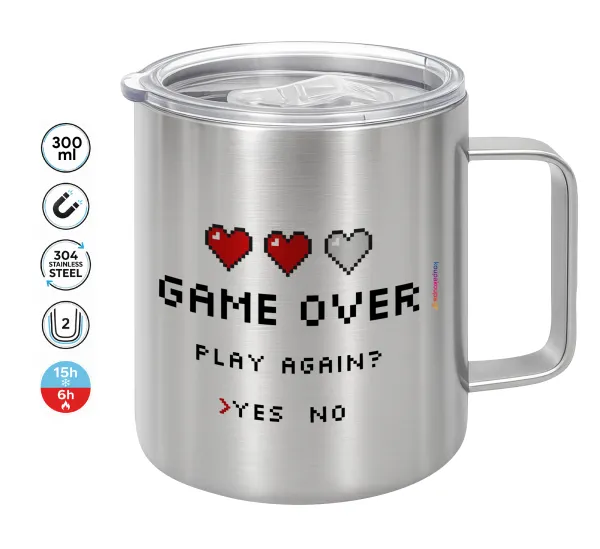 GAME OVER — Double-walled stainless steel mug 300ml with temperature-retaining lid
