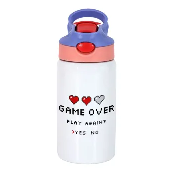 GAME OVER, Play again? YES - NO, Children's hot water bottle, stainless steel, with safety straw, pink/purple (350ml)