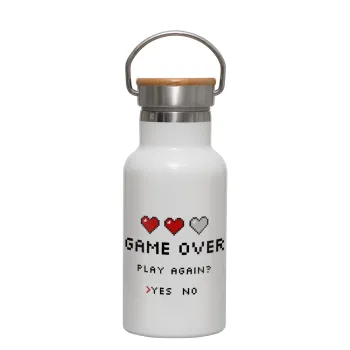 GAME OVER, Play again? YES - NO, Metallic thermos (Stainless steel) White with wooden lid (bamboo), double-walled, 350ml