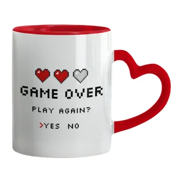 GAME OVER, Play again? YES - NO, Mug heart red handle, ceramic, 330ml
