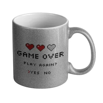GAME OVER, Play again? YES - NO, Κούπα Ασημένια Glitter που γυαλίζει, κεραμική, 330ml