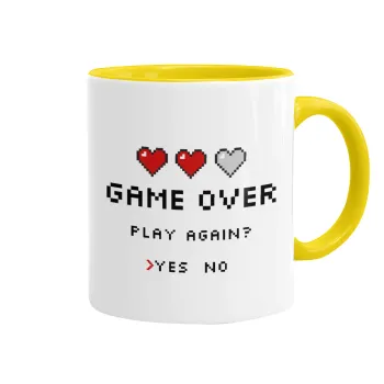 GAME OVER, Play again? YES - NO, Κούπα χρωματιστή κίτρινη, κεραμική, 330ml